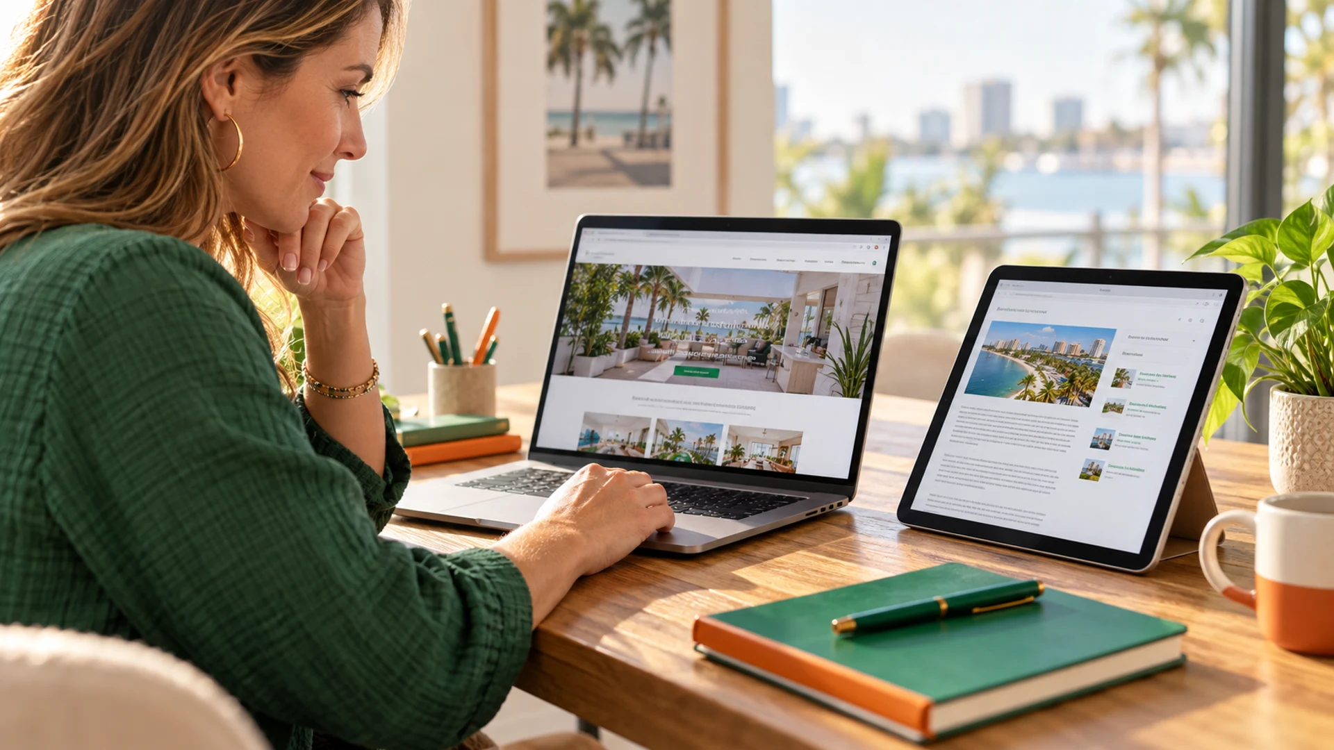 Business owner comparing a website on a laptop with a source article on a tablet in a sunlit coastal office