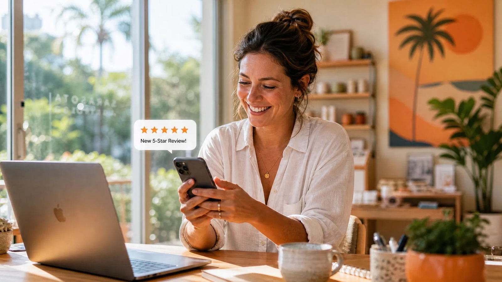 Sarasota business owner reviewing customer feedback at a sunlit local café table