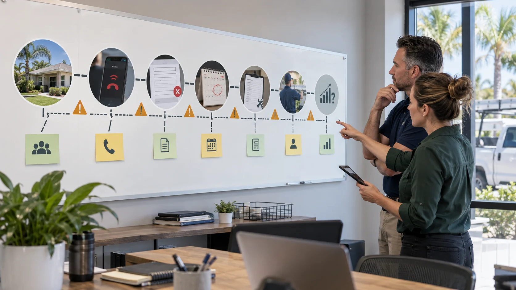 Service business owner and operations manager identifying gaps across a seven-stage customer journey