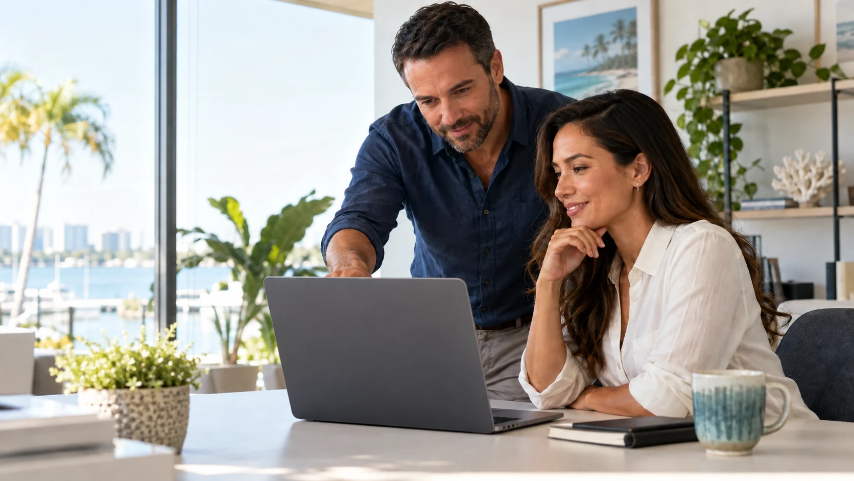 Small-business owner and growth strategist reviewing customer journey evidence on a laptop in a bright Sarasota office