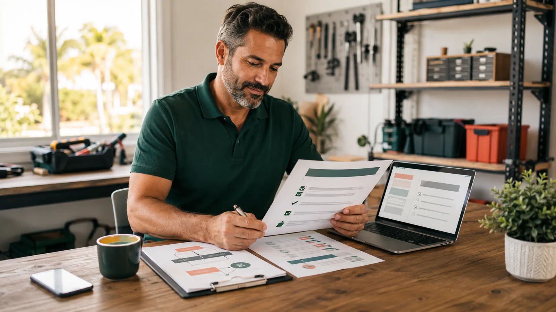 A Sarasota service-business owner reviewing a downloadable checklist and lead-capture plan in a bright office
