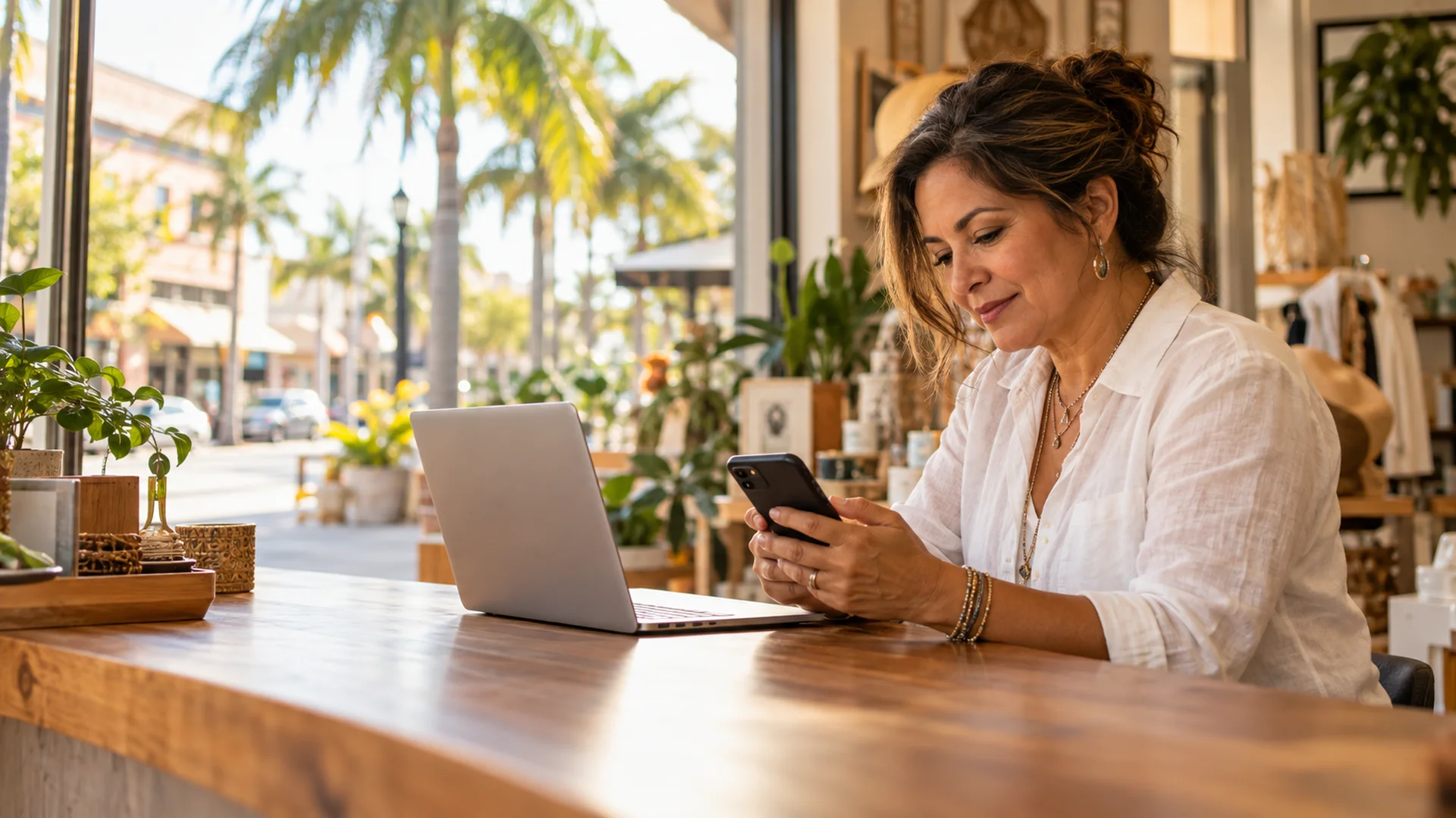 Small business owner reviewing her phone beside a laptop in a sunlit Sarasota shop