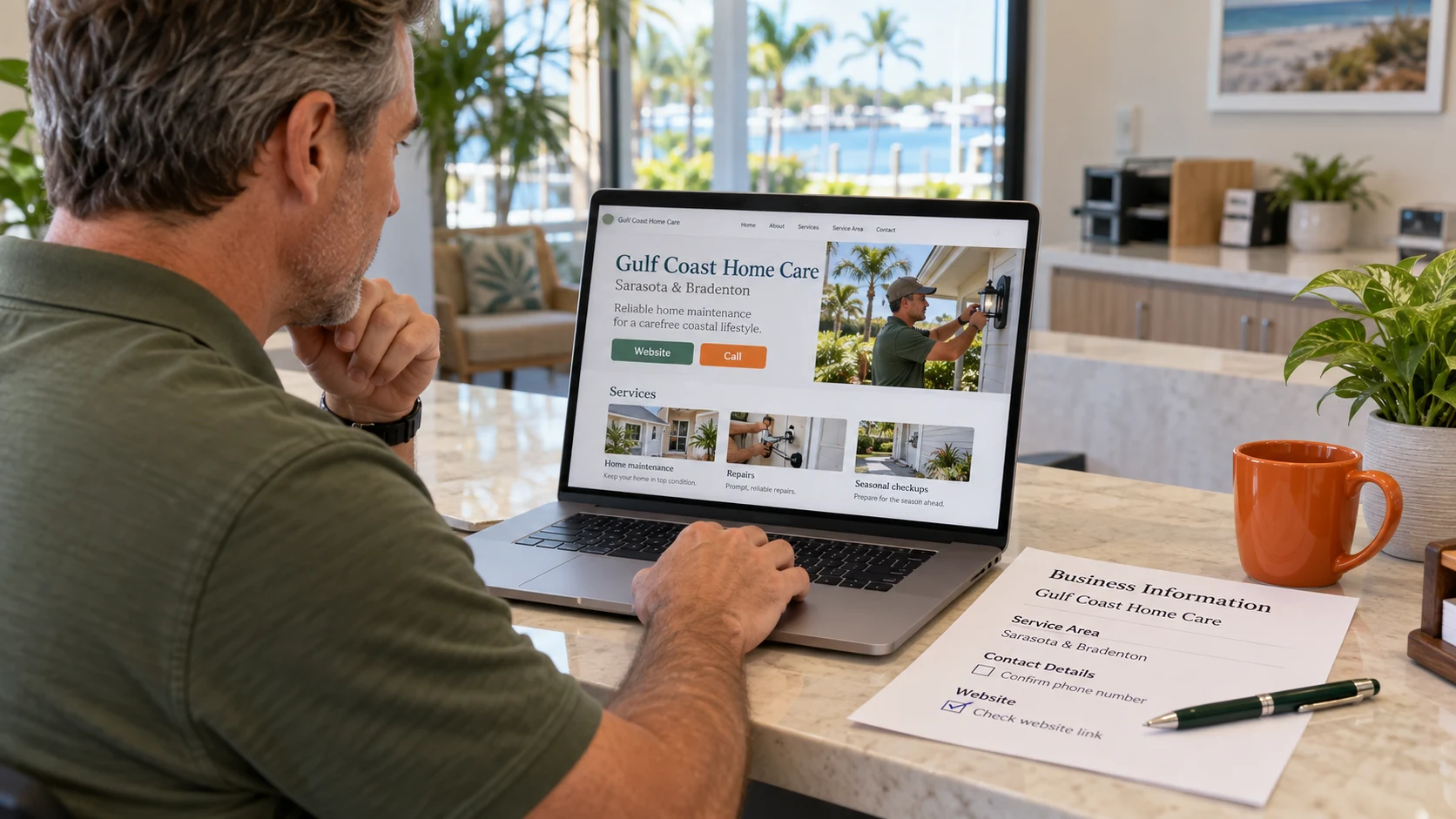 Business owner comparing a populated local service website with a printed business-information checklist