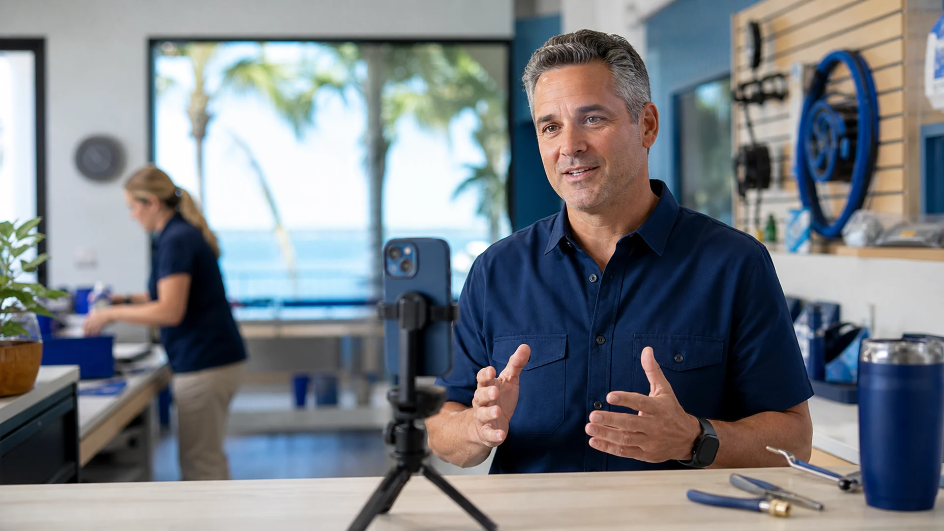 Sarasota service-business owner recording an educational video while a team member works in the background