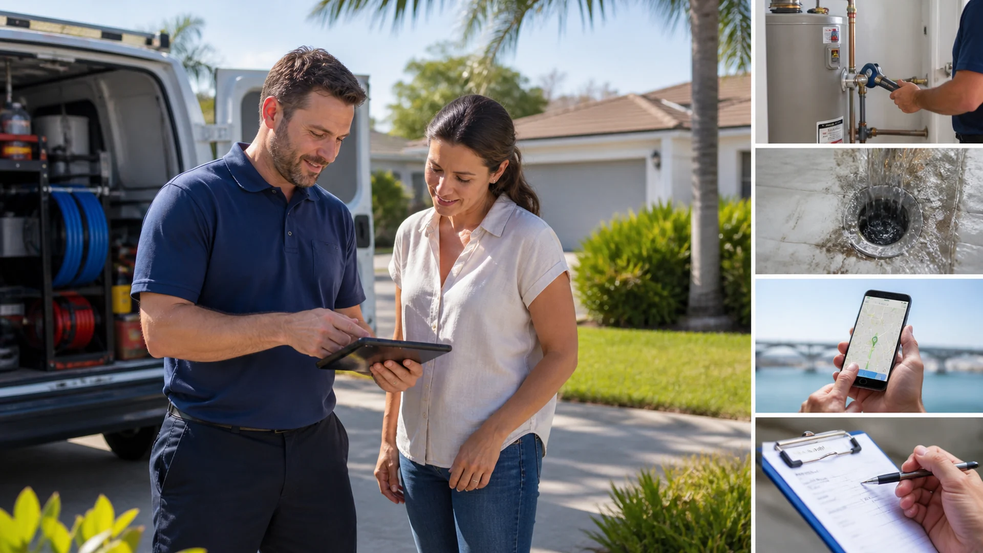 A Sarasota plumbing professional showing a homeowner useful service information beside an unbranded service vehicle