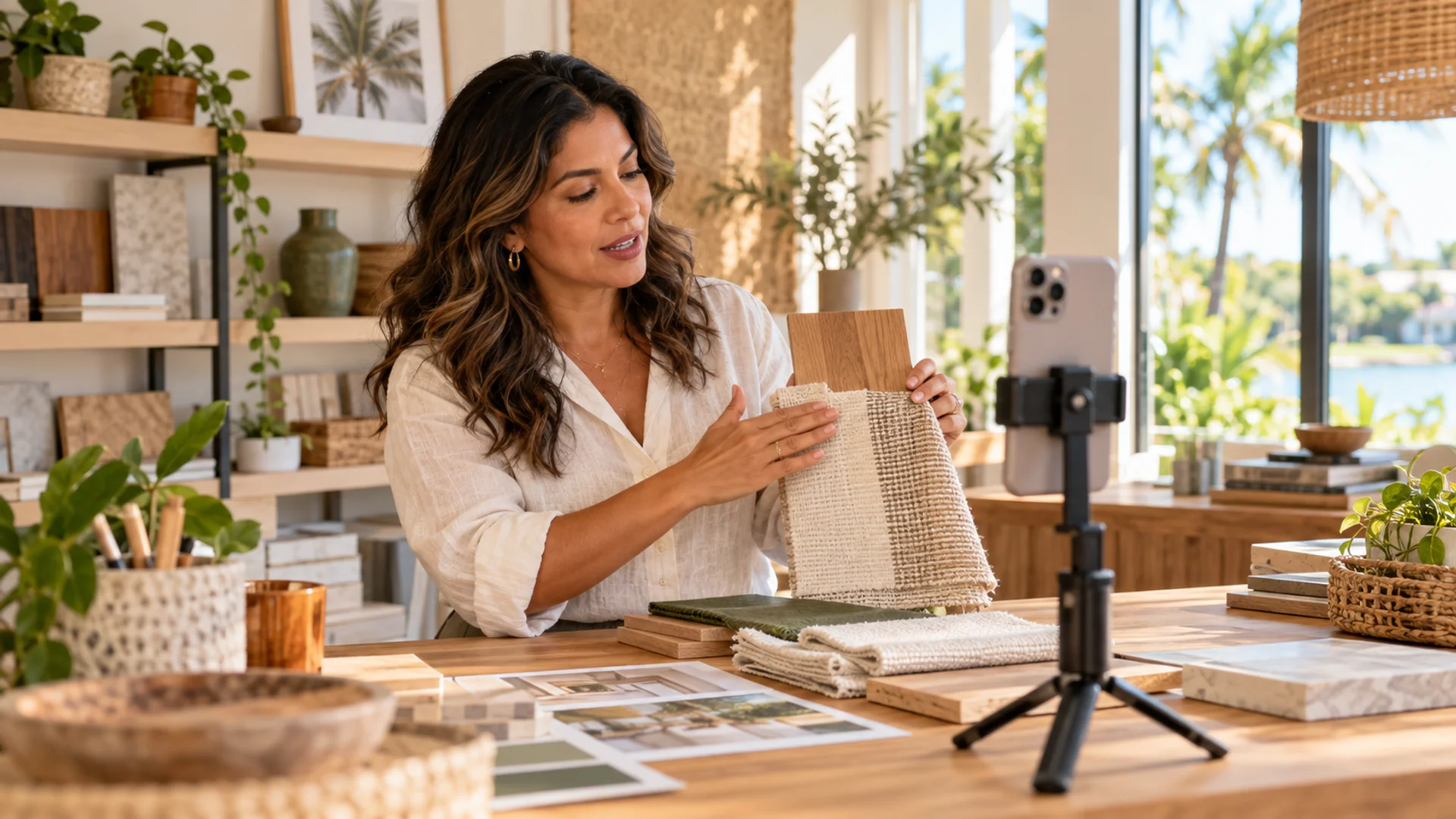 Business owner demonstrating wood and fabric samples to a smartphone camera in a sunlit design studio