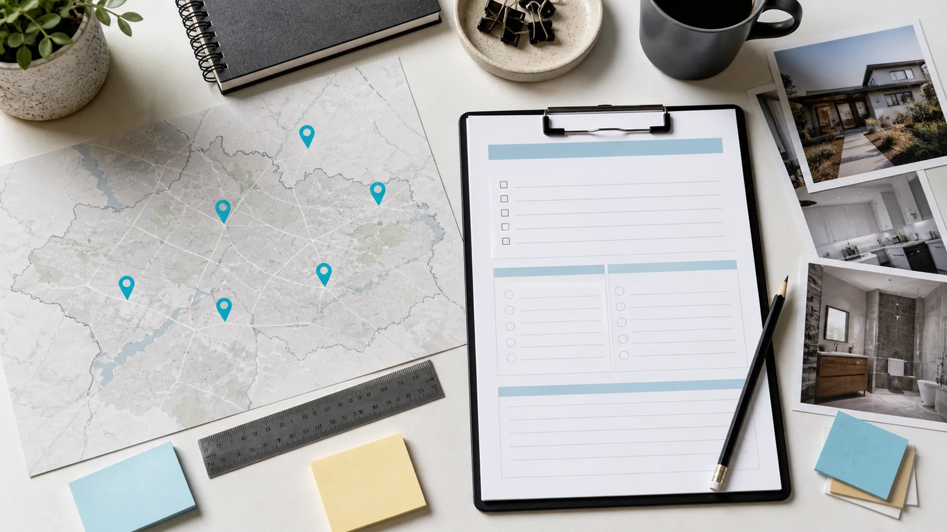 Overhead view of a service-area map and an evidence checklist used to plan distinct location pages