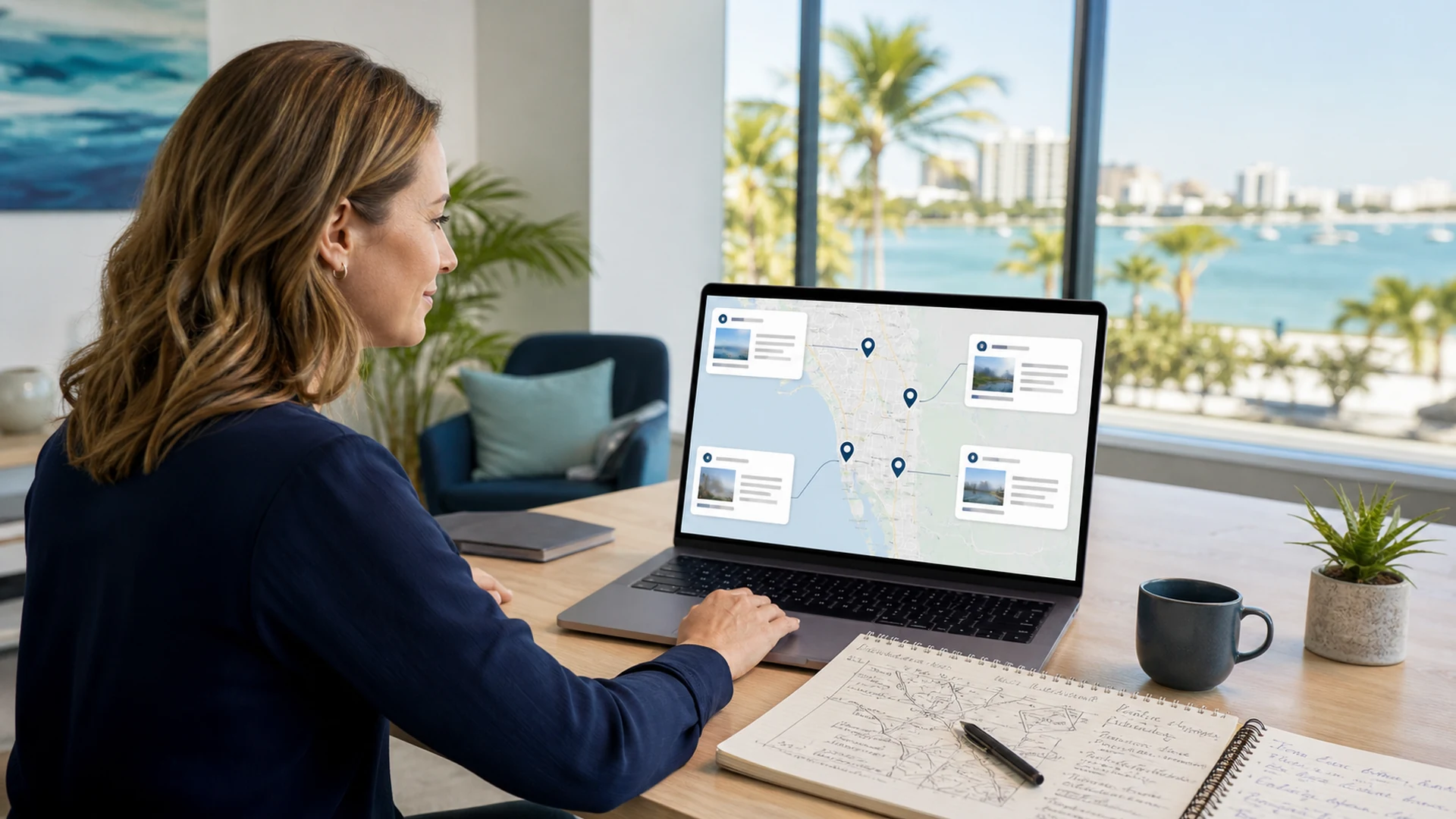 Sarasota marketing strategist reviewing distinct service-area webpage plans connected to local map locations
