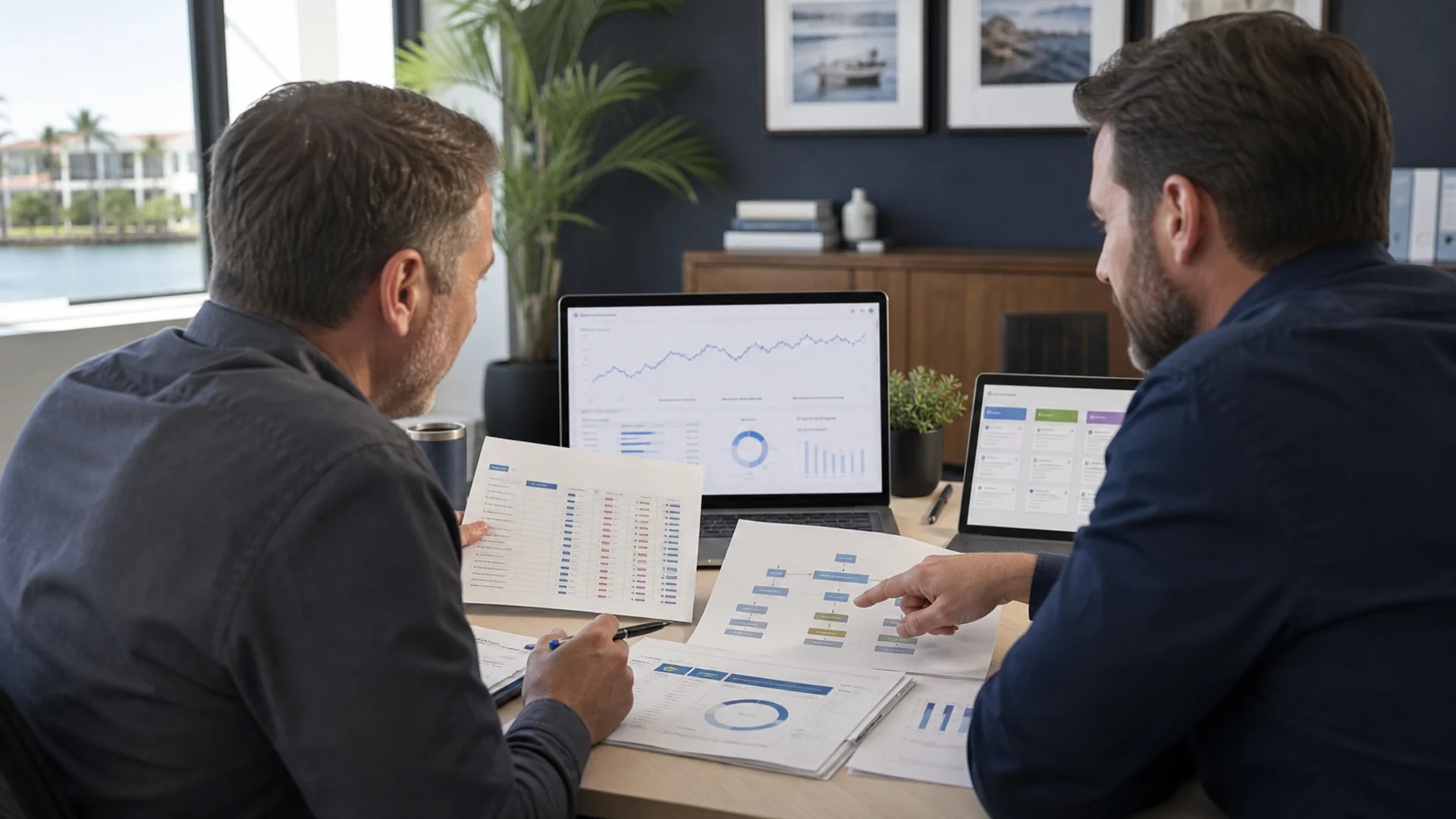 A Sarasota business owner and SEO advisor comparing a keyword ranking report with search, CRM, and conversion data