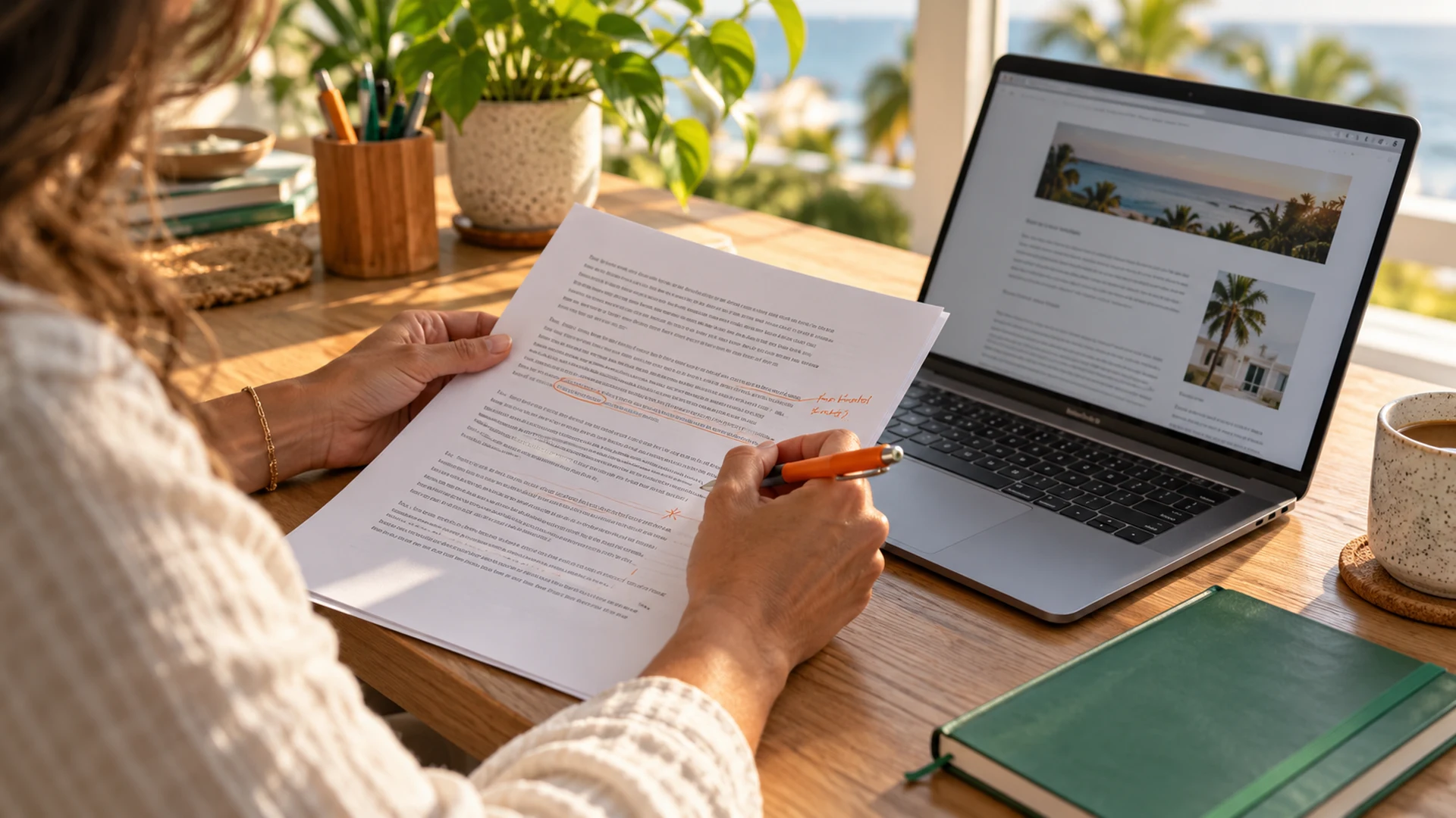 Business owner marking changes on a printed article beside its website version on a laptop