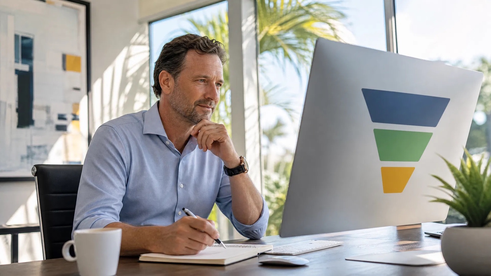 Sarasota business owner reviewing website planning sketches at a sunlit studio table